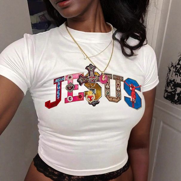 Hot Sale Cross-Border European American Sweet And Spicy Tight-Fitting Letter Print Summer Slim-Fit Crop Top Wholesale_ecoleips.com