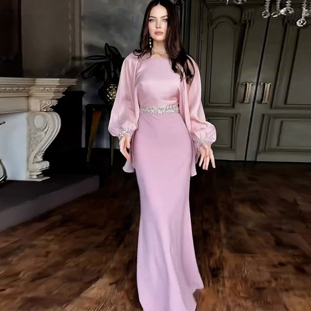 Modest Evening Dress Women's Summer Elegant Solid Color Beaded Bell Sleeve Evening Dress European American Style Muslim Fashion_ecoleips.com