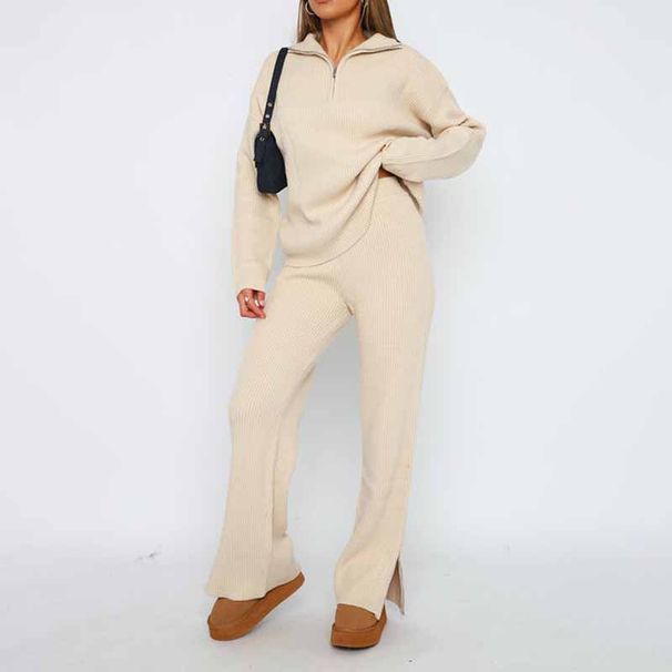 Women's Half-Zip Knit Sweater & Pants Set – Winter Casual Outfit (S-XXL) – Soft Polyester-Spandex Lounge Wear_ecoleips.com
