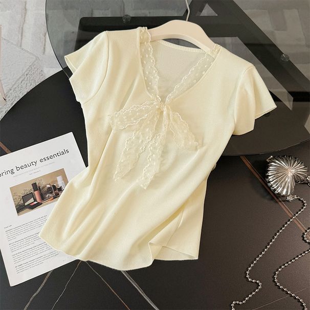 Women's Clothing Lazy Style Fashion Suit Skirt Women's Summer New Lace Splicing Bow Sweater Denim Skirt Two Piece Suit_ecoleips.com