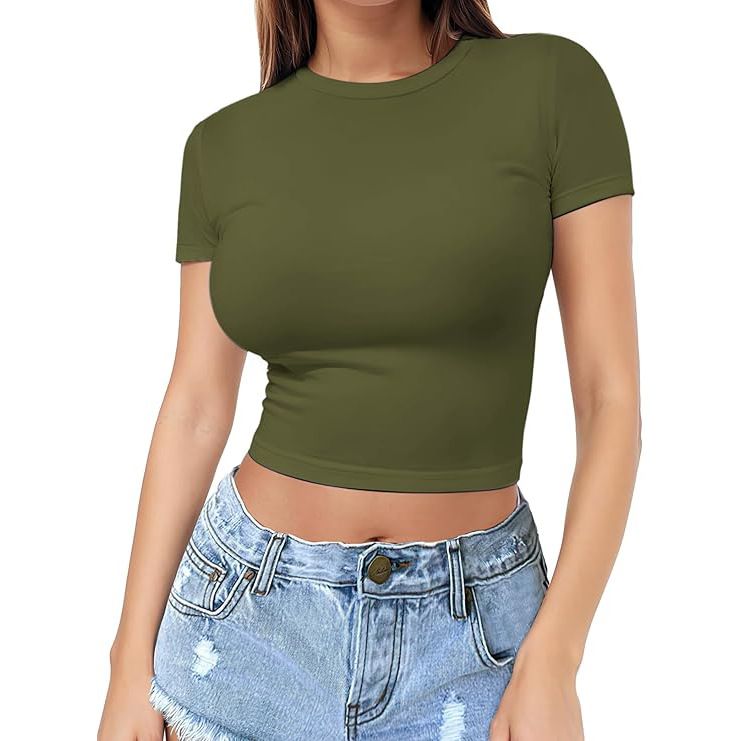 Women's round Neck Short Sleeve T-Shirt Navel Baring Pullover Top Fashionable Milk Silk Fabric European American Style Hot Girl Summer Thin Female_ecoleips.com
