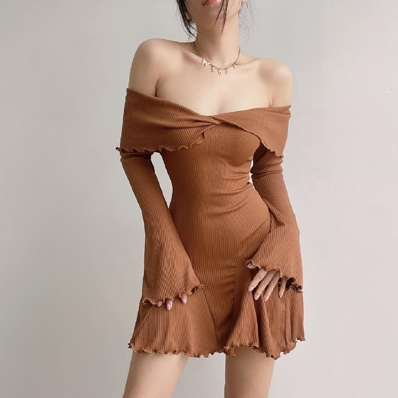Black Knit Ruffled Mini Dress Women Patchwork Off-Shoulder Loose Slim Fashion Ribbed Dress Knitwear Clothes Female Dress_ecoleips.com