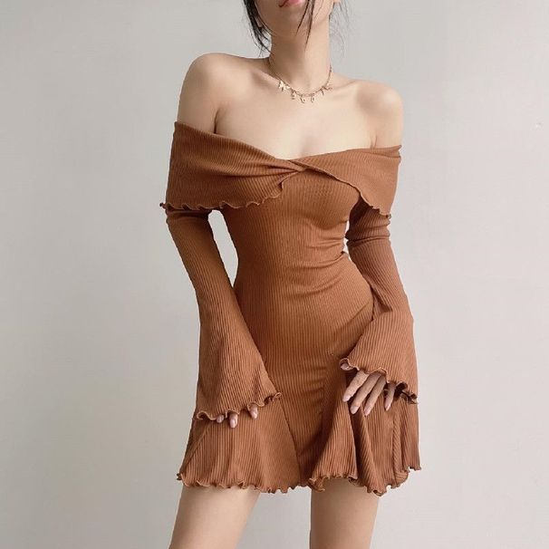 Black Knit Ruffled Mini Dress Women Patchwork Off-Shoulder Loose Slim Fashion Ribbed Dress Knitwear Clothes Female Dress_ecoleips.com