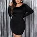 "Elegant Bow Tie Backless Bodycon Dress – Long Sleeve Round Neck Shimmering Dress, Plus Size Stretchy Fabric, Black, XL-4XL"_ecoleips.com
