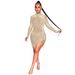 Women's Sexy Nightclub Mesh See-through Hot Diamond Bubble Beads Tassel Round Neck Long-sleeved Dress_ecoleips.com