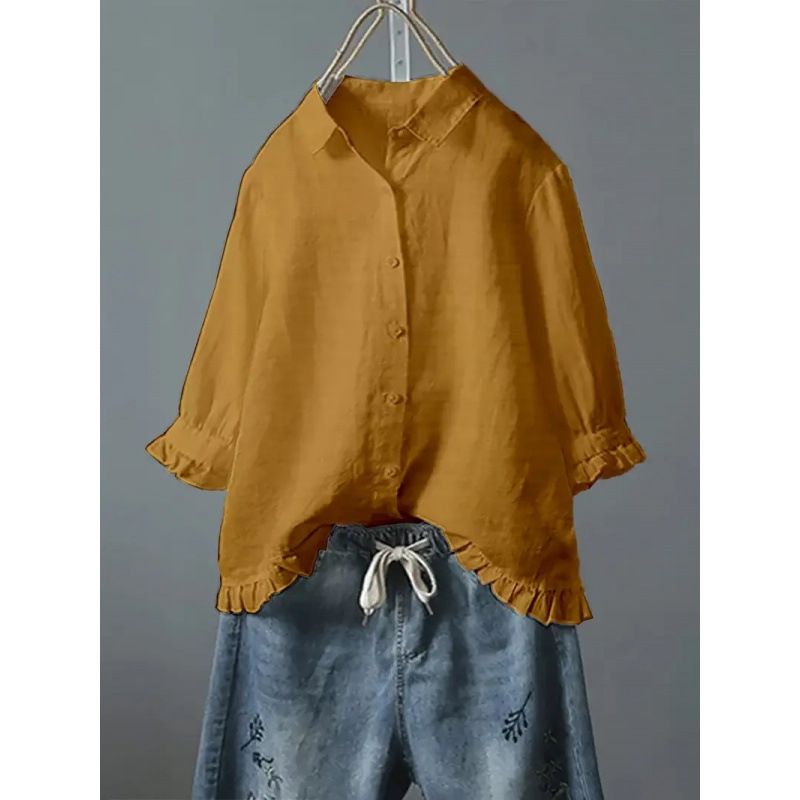 Women's Pleated Textured Shirt Ruffled Hem Button Cuffs Three Quarter Sleeves Large Stock Available Export Style_ecoleips.com