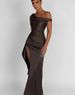 Women's Clothing Off Shoulder Satin Waist Dress Winter Irregular Hem Slit Long Skirt_ecoleips.com