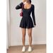 Gentle Wind Women's Jumpsuit Skinny Fashion Solid Color Square Neck Long Sleeve Waist A-shaped Skirt Daily Commuter Party_ecoleips.com
