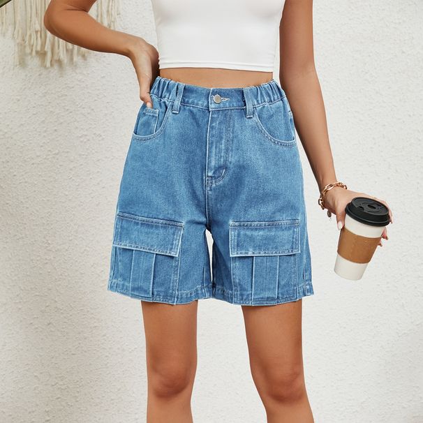 Women's Clothing Summer Washed Elastic Waist Workwear Casual Denim Shorts_ecoleips.com