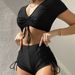 Women's Clothing Drawstring V Neck Short Sleeve Split Swimsuit Women's Conservative Beach Bikini Hot Spring Swimsuit_ecoleips.com