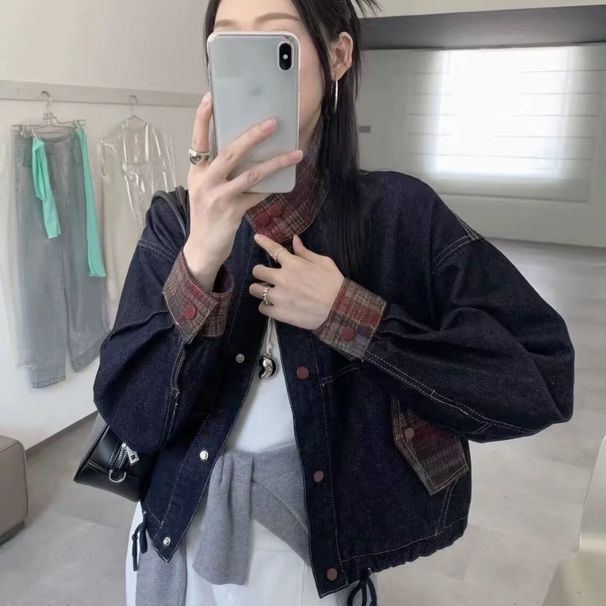 Retro Plaid Patchwork Denim For Women 2026 Spring And Autumn New Loose Casual Versatile Petite Jacket Top_ecoleips.com