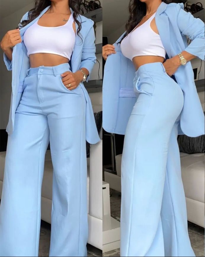 Women's Clothing, Elegant And Solid Color Split Sleeve Lapel Suit With Pockets And Straight Pants Suit_ecoleips.com