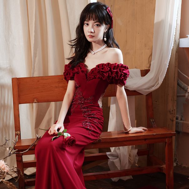 Light Luxury Wine Red Toast 2026 New Off-Shoulder Mermaid Dress Elegant Bride Wedding Evening Gown For Women_ecoleips.com