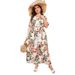 Women’s Clothing Large Size Loose V Neck Dress Women's Elastic Waist Short Sleeves Printed Long Skirt_ecoleips.com