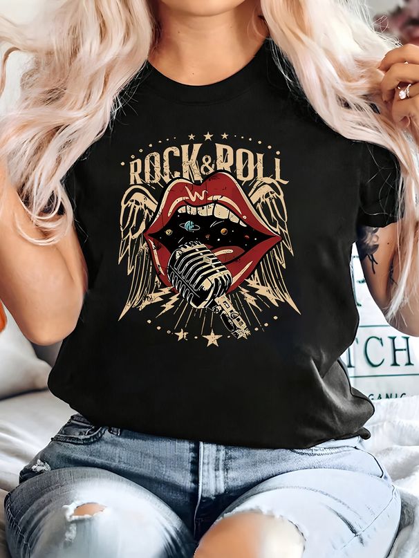 Women'S Vintage Rock Roll Microphone Mouth Graphic Tee - Casual Crew Neck Short Sleeve T-Shirt Summer Fashion Allseason Top_ecoleips.com