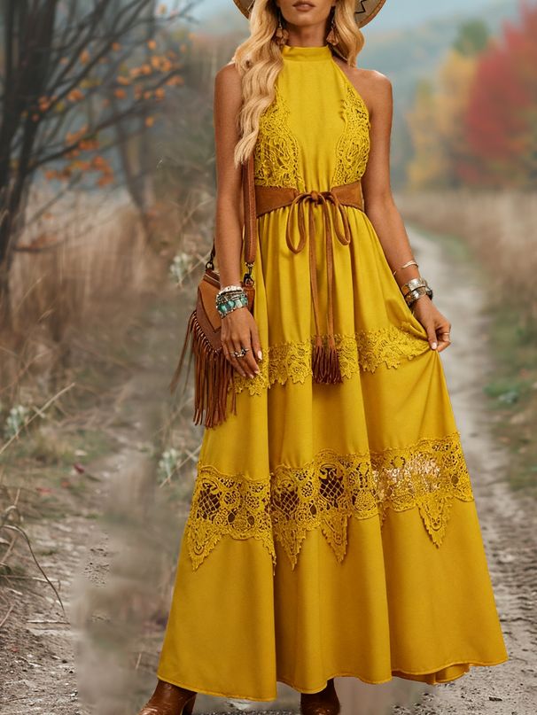 Women's Clothing Summer Halter Neck Tie-Back Maxi Dress – Lace Trim Boho Elegance (Yellow, S-XL)_ecoleips.com