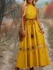 Women's Clothing Summer Halter Neck Tie-Back Maxi Dress – Lace Trim Boho Elegance (Yellow, S-XL)_ecoleips.com