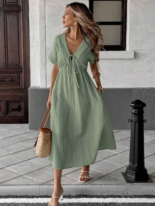 Summer Women's V Neck Dress Pure Cotton Loose Comfortable Long Solid Color New_ecoleips.com