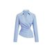 European American Women's Clothing: Blue White Striped Asymmetrical Long-sleeve Shirt With Unique Twisted Design,_ecoleips.com