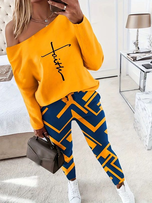 Women's Clothing Casual Pullover Long Sleeve Plus Size Printed Long Sleeve Pullover Jumpsuit Set - Casual Loungewear In Green & Yellow (1XL-5XL)_ecoleips.com