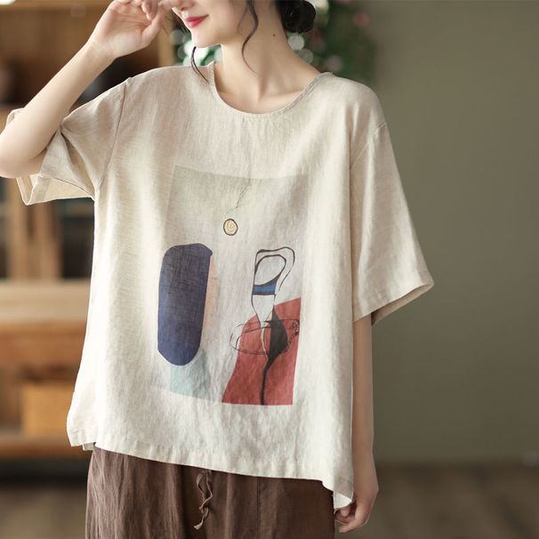 Summer Vintage Artistic Printed Cotton-Linen Top For Women, Plus-Size Casual Temperament, Loose Crew Neck Short-Sleeve T_ecoleips.com