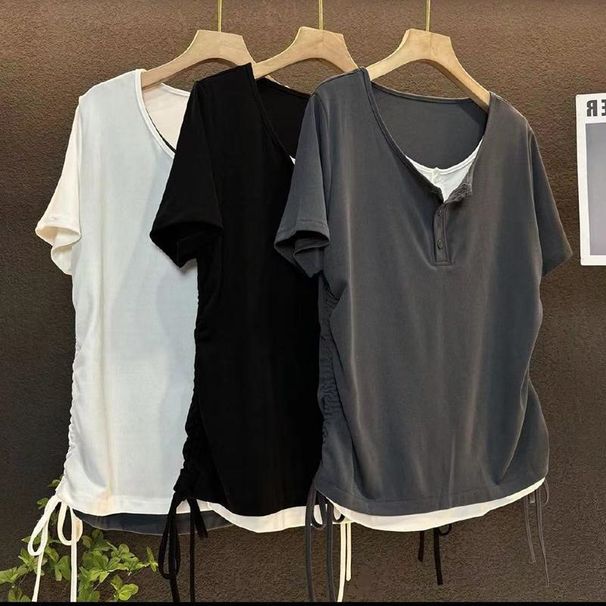 Fat MM Extra Large Size 150kg Summer Loose Contrasting Color Splicing Fake Two-piece Drawstring Design Short-sleeved T-shirt Top Women_ecoleips.com