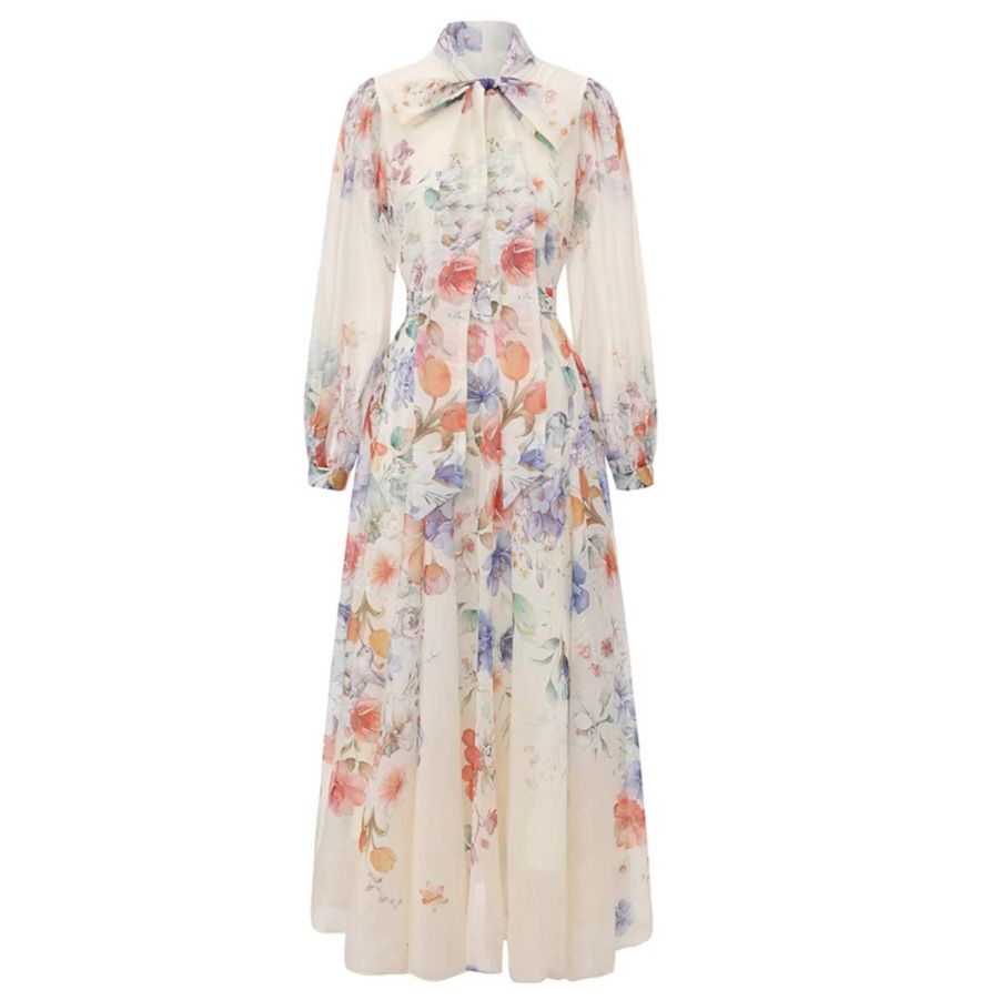 Floral Print V-Neck Dress With Bow Accent – Elegant A-Line Maxi Dress (White-Purple/White-Red/Beige, S-Xxl)_ecoleips.com