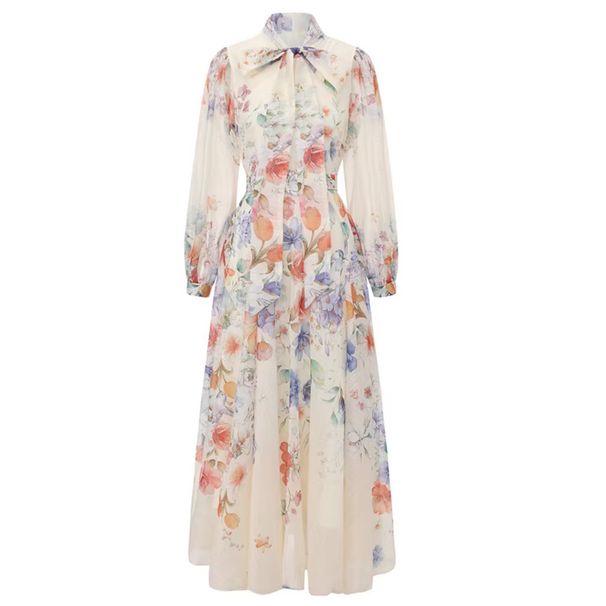 Floral Print V-Neck Dress With Bow Accent – Elegant A-Line Maxi Dress (White-Purple/White-Red/Beige, S-Xxl)_ecoleips.com