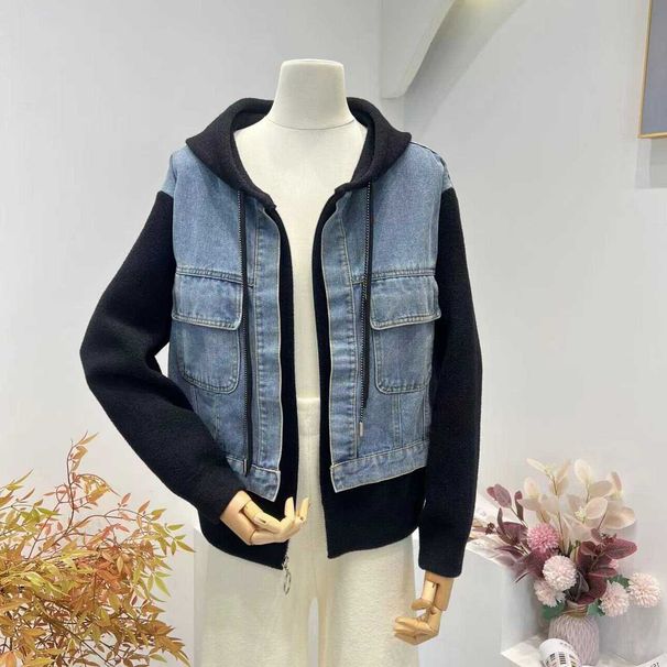 Vintage-Inspired Patchwork Denim Jacket With Hood – Oversized Baseball Silhouette (One Size, Beige/Black Wash)_ecoleips.com