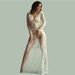 Women's Clothing Sexy Deep V-Neck Lace Maxi Dress – Long Sleeve See-Through Fitted Evening Gown For Women_ecoleips.com
