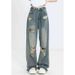 Versatile Ripped New Jeans For Women's Summer Fashion Trend, Floor Length Washed Wide Pants, Straight Leg Pants_ecoleips.com