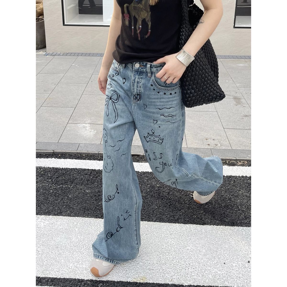 ICC Early Spring New Street Style Personalized Graffiti Straight Slim Jeans For Women Trendy Guangzhou Thirteen Lines_ecoleips.com