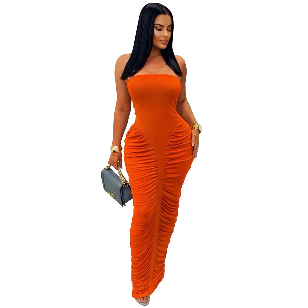 Women's Sexy Strapless Pleated Bodycon Dress Solid Color Cross Border Fashion for European And American Markets_ecoleips.com