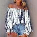 Hot Selling Hot Style Off Shoulder Printed Contrast Color Puff Sleeve Lace Up Loose Women's Top_ecoleips.com