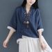Diagonal Three-Button Short-Sleeved Pure Cotton Faux Two-Piece Shirt Women's Top With China-Inspired Retro Tea-Party Sty_ecoleips.com
