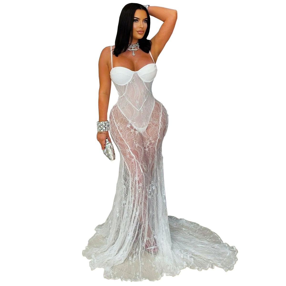 Women's Lace Sheer Evening Dress – Sexy Backless Slit Gown With Spaghetti Straps (S-XXL, Black/White)_ecoleips.com