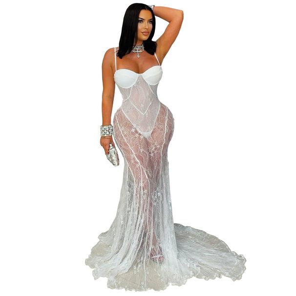 Women's Lace Sheer Evening Dress – Sexy Backless Slit Gown With Spaghetti Straps (S-XXL, Black/White)_ecoleips.com
