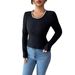 Women's Knitted Long Sleeve Top Black Patchwork Lace Trim Fitted Textured Ribbed European American Style Spring_ecoleips.com