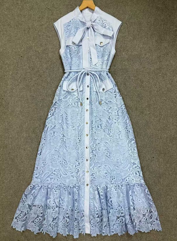 Women's Elegant Sleeveless Long Dress Lace Trimmed Slimming Waist Floral Print Vacation Style Autumn Clothing for Women_ecoleips.com