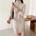 "High-Neck Thermal Dress – Fleece-Lined Knit Sweater Tunic (Black/Beige/Khaki)"_ecoleips.com