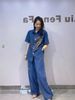 Women's Plus Size Denim Outfit Set – Rhinestone Embellished Crop Top & High-Waisted Wide Leg Pants (XL-2XL, Cotton Blend, Korean Street Style)_ecoleips.com