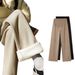 Maternity Pants With Adjustable Belly Band – Fleece-Lined Winter & Fall Over-Bump Lounge Pants (Black/Khaki, Stretch Polyester, Wide Leg)_ecoleips.com