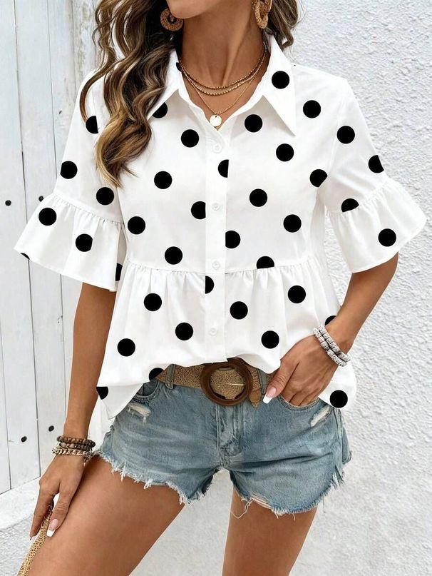 Women's Polka Dot Short Sleeve Shirt Lapel Ruffled Loose Casual Top European American Style New 2026_ecoleips.com