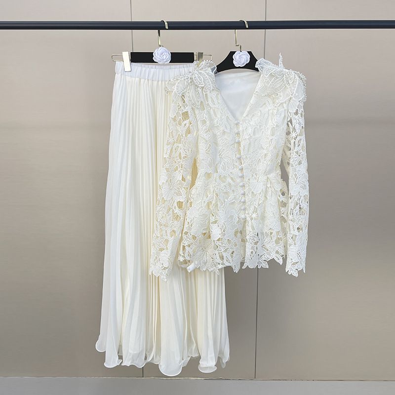 Elegant Women's Two-Piece Lace Dress Set, Embroidered Pearl Embellished Waist-Defining Long Gown, Classy Evening Party Wear_ecoleips.com