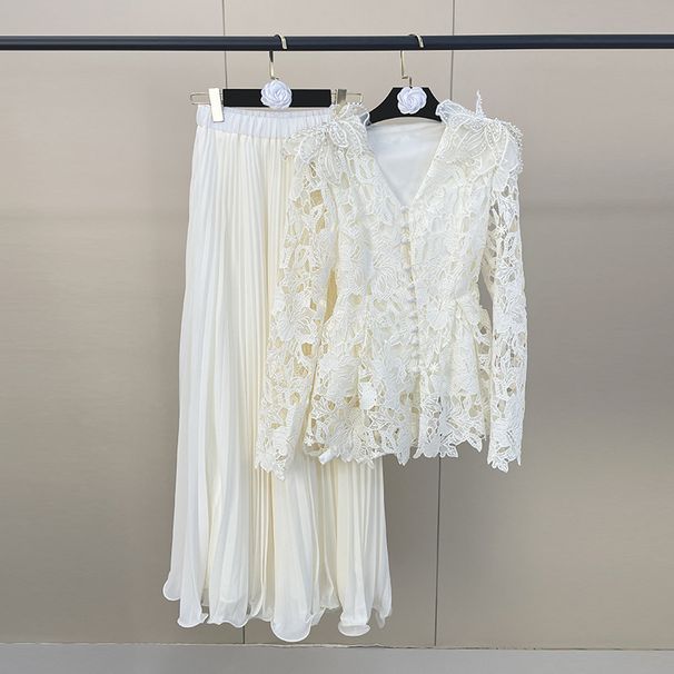 Elegant Women's Two-Piece Lace Dress Set, Embroidered Pearl Embellished Waist-Defining Long Gown, Classy Evening Party Wear_ecoleips.com