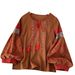Vintage Ethnic Style Women's Blouse Heavy Embroidery round Neck Tie Lantern Sleeve Loose Fit Versatile Slimming Top_ecoleips.com