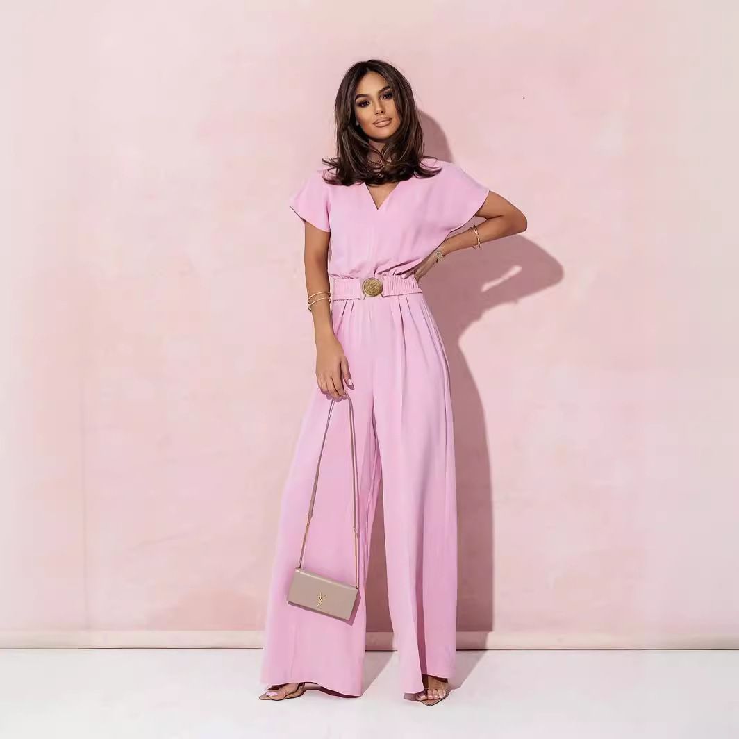 Women's Solid Color V-Neck Casual Jumpsuit Short Sleeve Waist Trousers American Style Polyester_ecoleips.com
