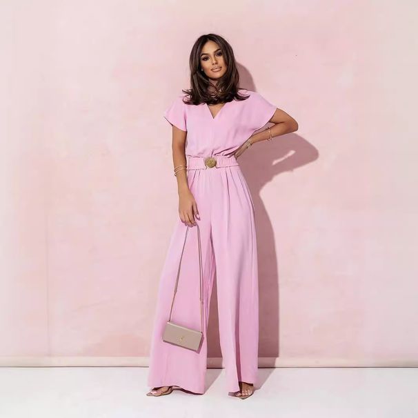 Women's Solid Color V-Neck Casual Jumpsuit Short Sleeve Waist Trousers American Style Polyester_ecoleips.com