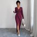 Elegant Women's V-Neck Long Sleeve Midi Dress Slim Fit Solid Color Casual Dress for Women_ecoleips.com