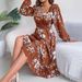 Real Shot Spring Summer European American Elegant Flower Square Collar Long Sleeve Waist Ruffle A-line Dress Independent_ecoleips.com